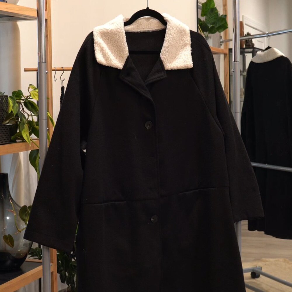 SHEIN Black Trench Coat with Cream Collar